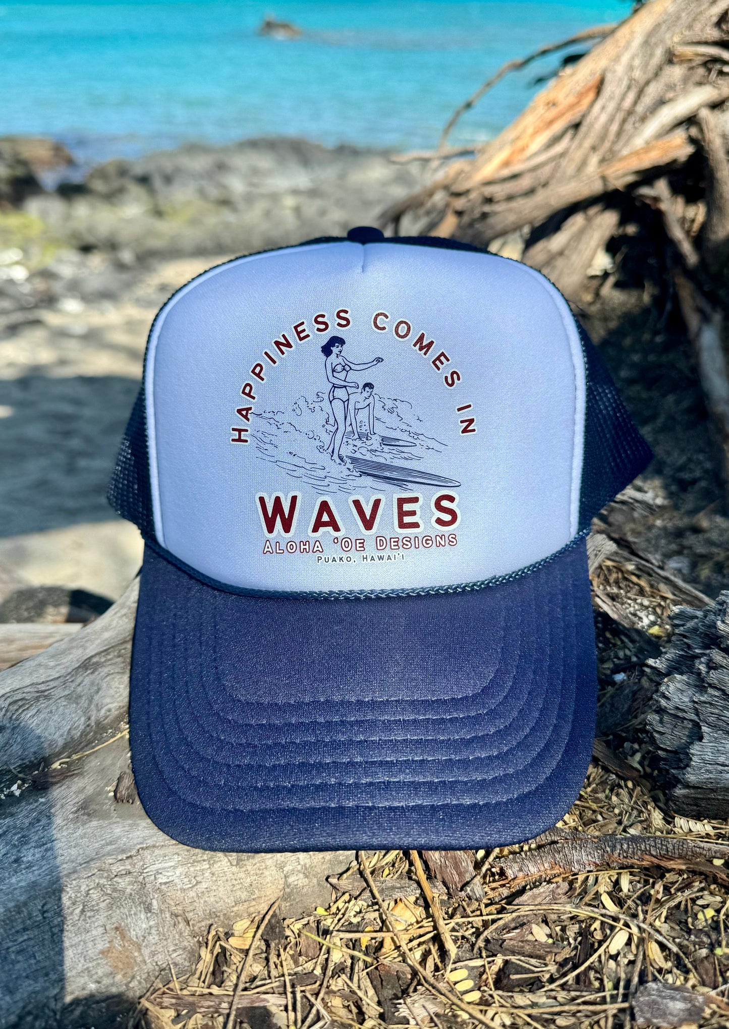 Happiness Comes in Waves Trucker Hat by Aloha ‘Oe Designs