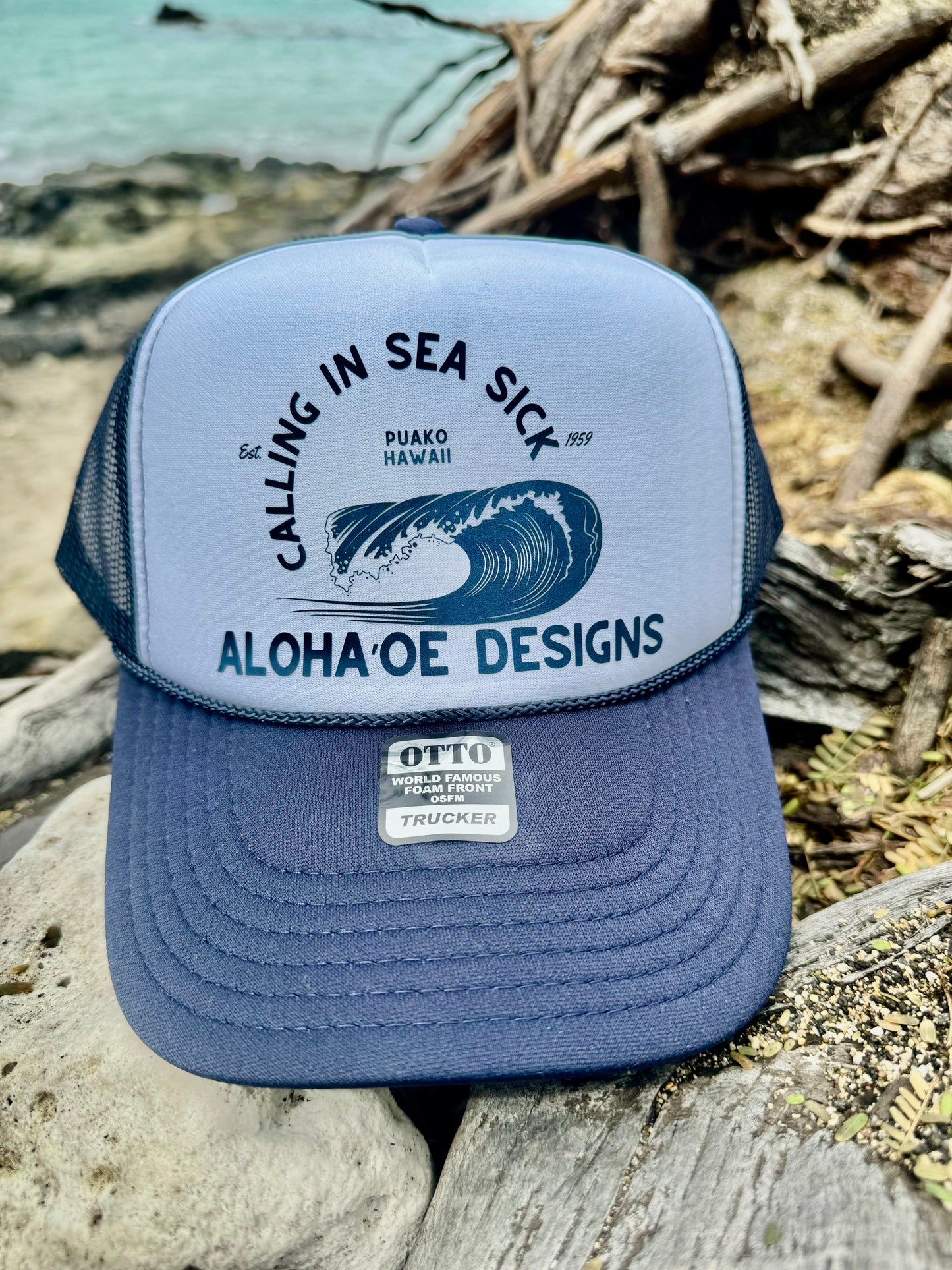 Calling in Sea Sick Trucker Hat by Aloha ‘Oe Designs