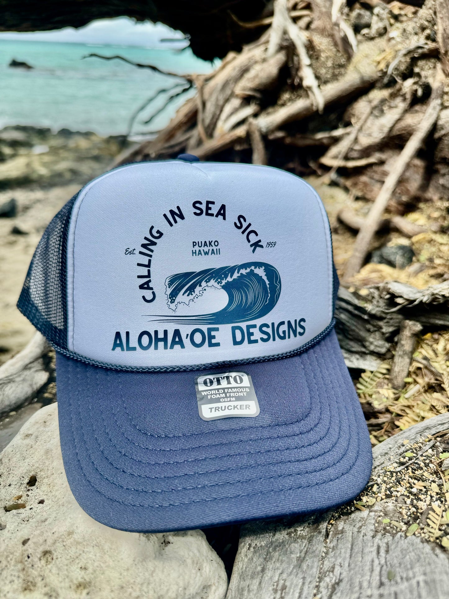 Calling in Sea Sick Trucker Hat by Aloha ‘Oe Designs