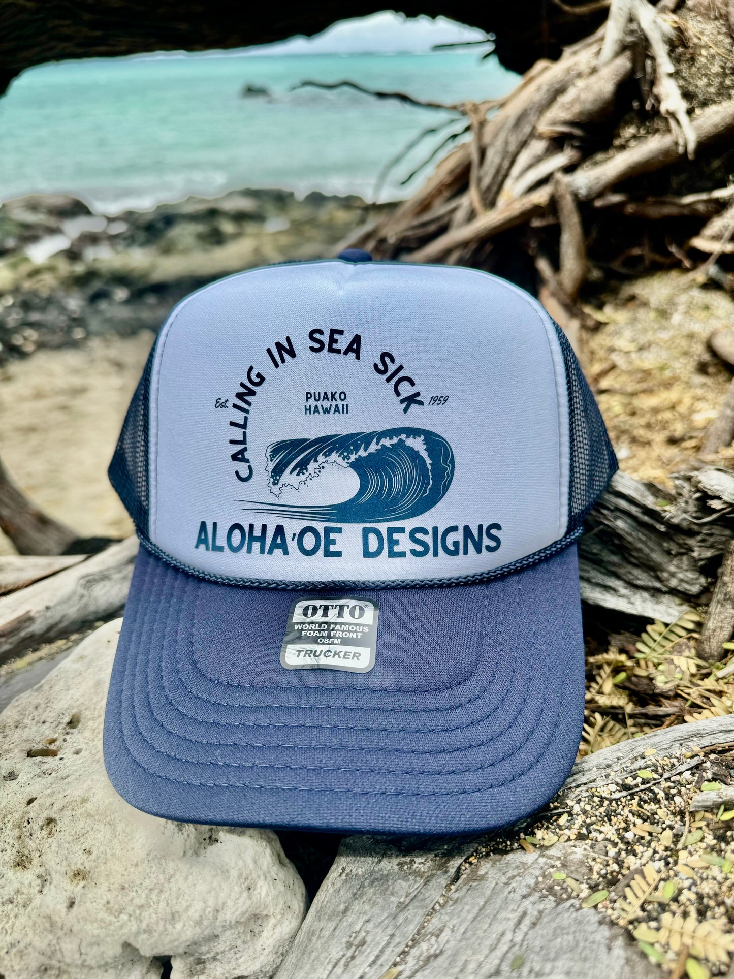 Calling in Sea Sick Trucker Hat by Aloha ‘Oe Designs