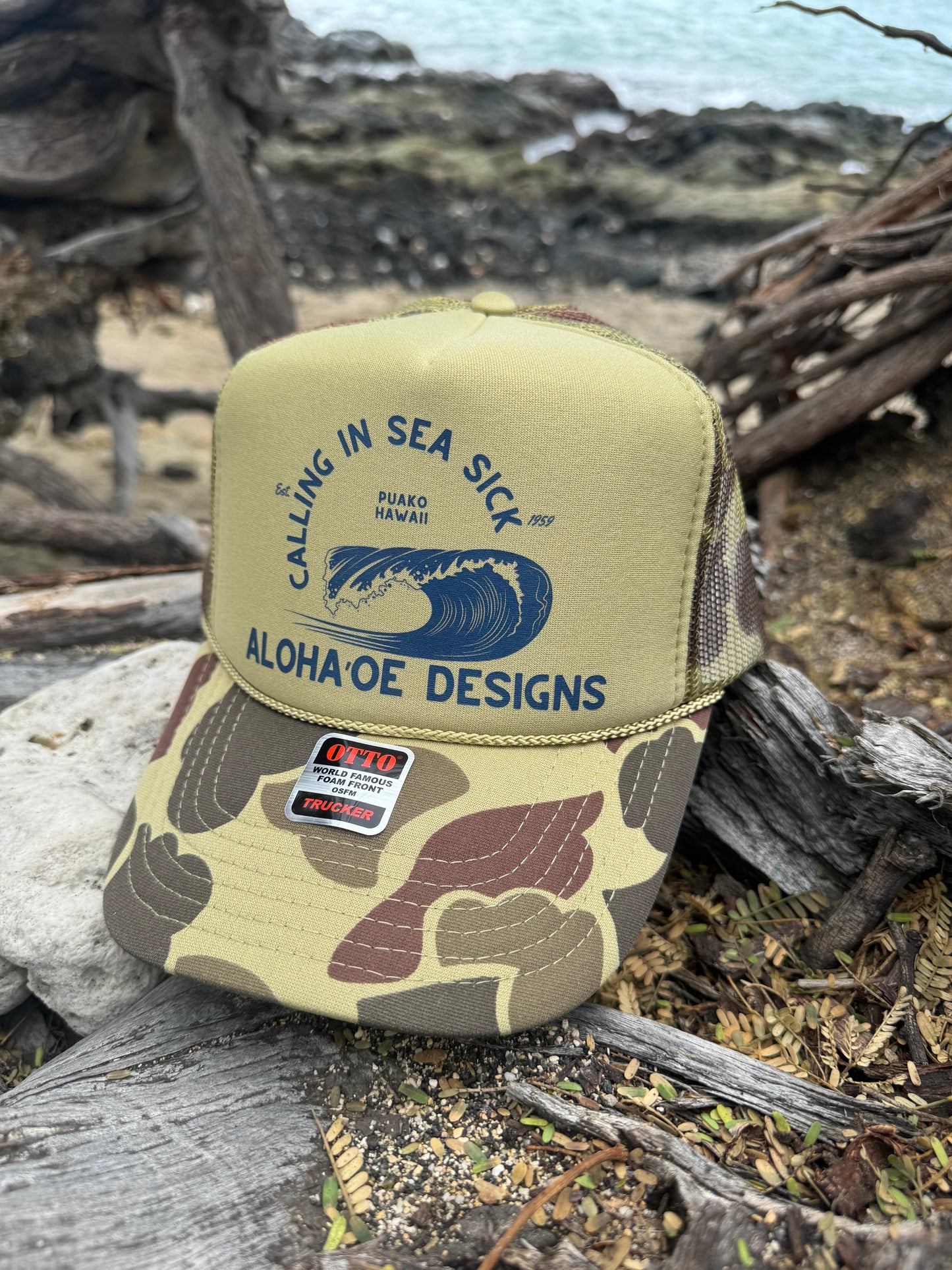 Calling in Sea Sick Trucker Hat by Aloha ‘Oe Designs