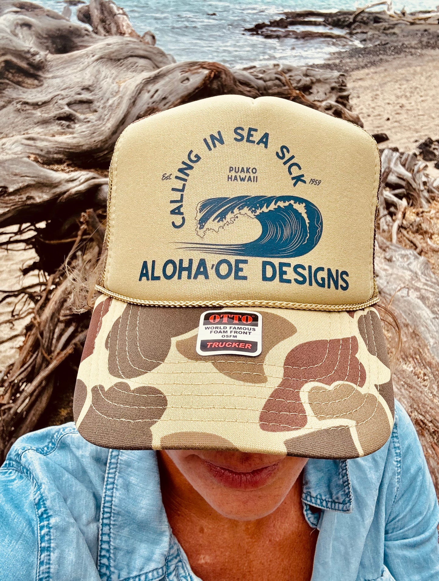 Calling in Sea Sick Trucker Hat by Aloha ‘Oe Designs