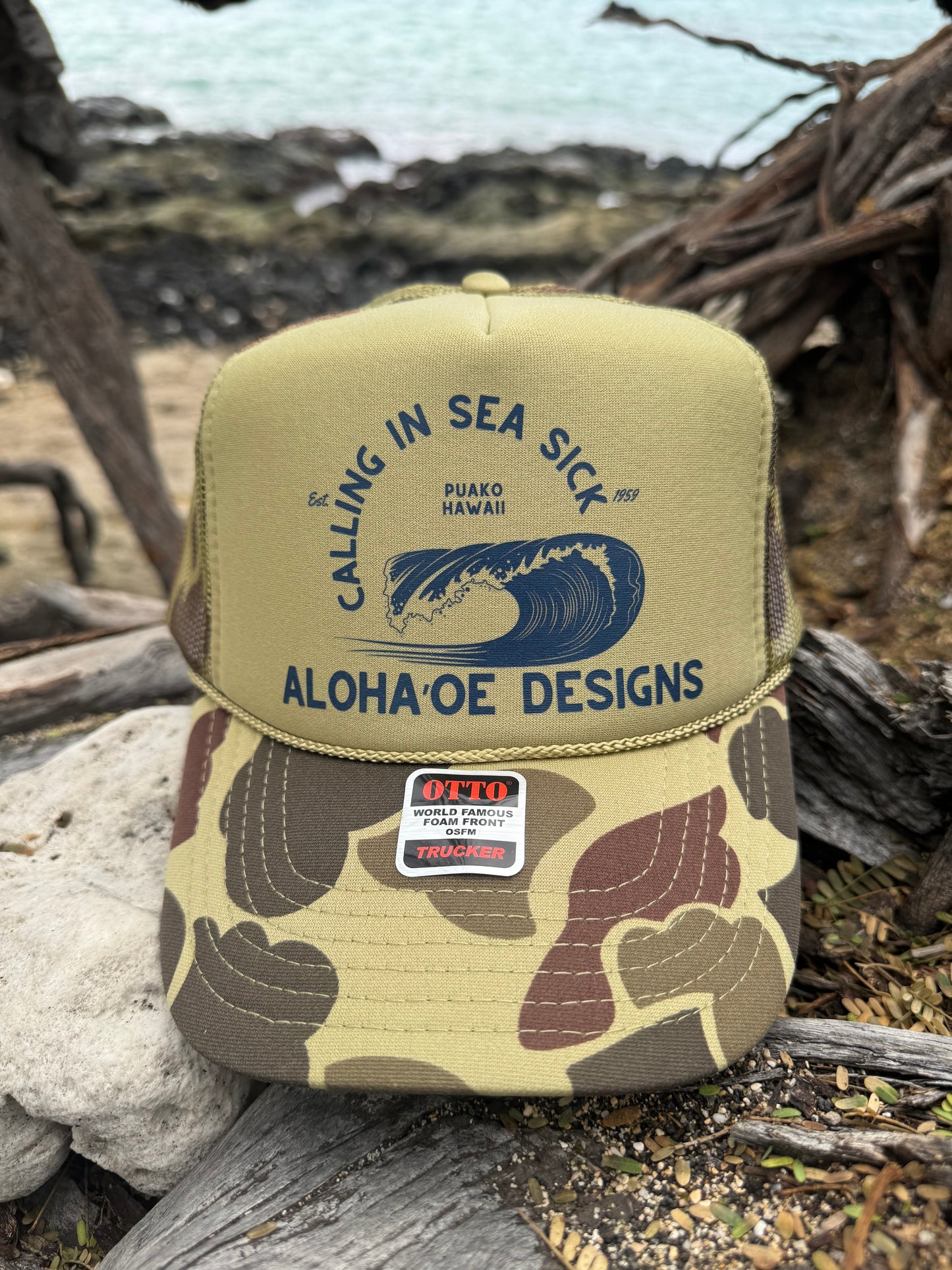 Calling in Sea Sick Trucker Hat by Aloha ‘Oe Designs