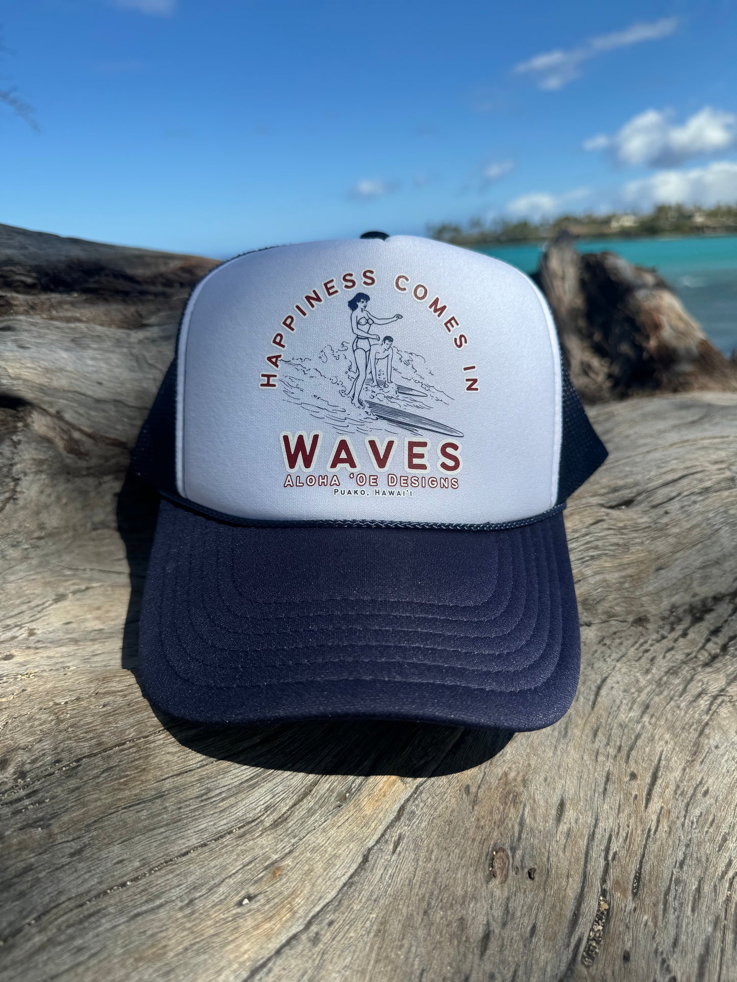 Happiness Comes in Waves Trucker Hat by Aloha ‘Oe Designs